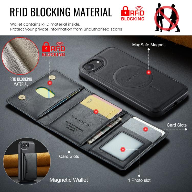 For iPhone 16e MAGKING K2 Series MagSafe RFID Card Bag Detachable Phone Case(Black) - iPhone 16e Cases by MAGKING | Online Shopping UK | buy2fix