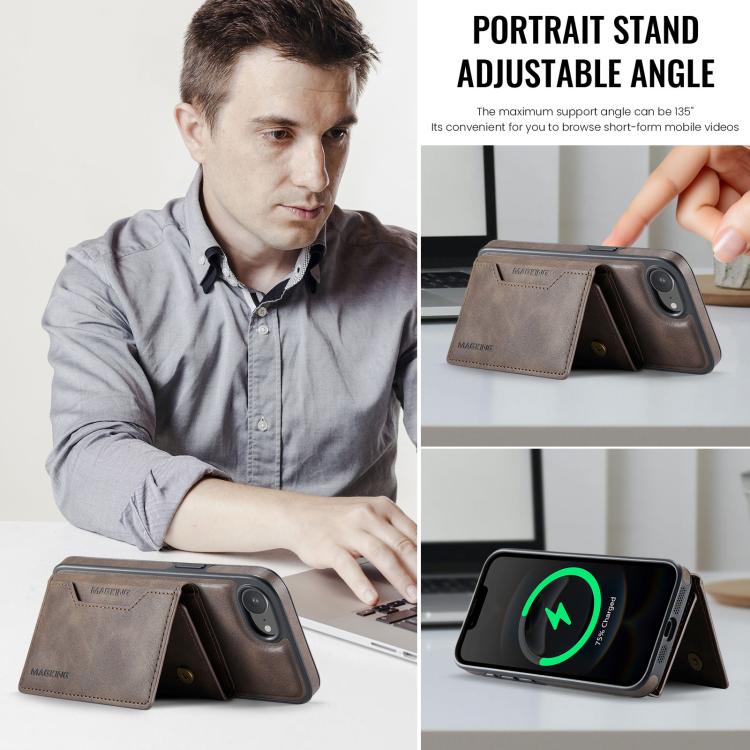 For iPhone 16e MAGKING K2 Series MagSafe RFID Card Bag Detachable Phone Case(Coffee) - iPhone 16e Cases by MAGKING | Online Shopping UK | buy2fix