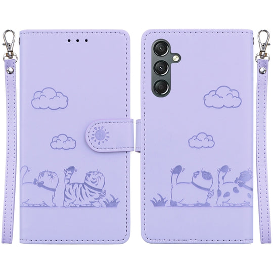 For Samsung Galaxy A16 5G Cute Cats RFID Leather Phone Case(Purple)