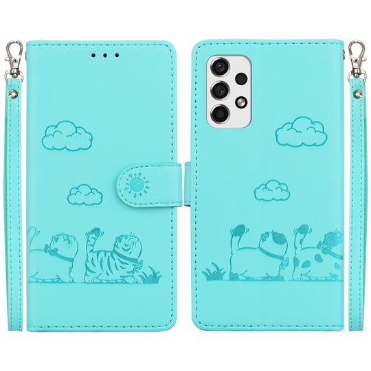 For Samsung Galaxy A53 5G Cute Cats RFID Leather Phone Case(Green)