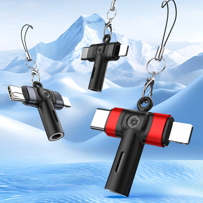 2 in 1 Flower Pattern Type-C and 8 Pin to 3.5mm Audio Adapter with Lanyard(Red Black) - Earphone Adapter by buy2fix | Online Shopping UK | buy2fix