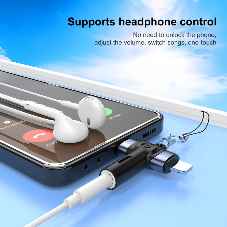 2 in 1 Flower Pattern Type-C and 8 Pin to 3.5mm Audio Adapter with Lanyard(Blue Black) - Earphone Adapter by buy2fix | Online Shopping UK | buy2fix