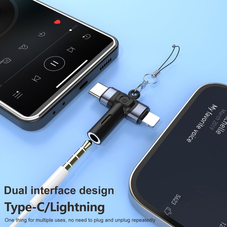 2 in 1 Flower Pattern Type-C and 8 Pin to 3.5mm Audio Adapter with Lanyard(Blue Black) - Earphone Adapter by buy2fix | Online Shopping UK | buy2fix