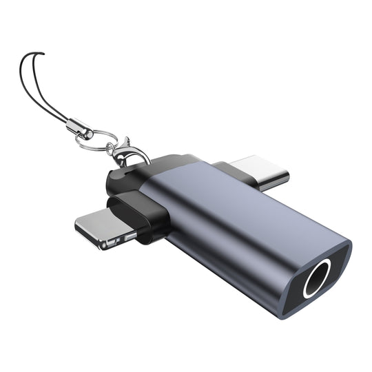 Classic Style Type-C and 8 Pin to 3.5mm Audio Adapter with Lanyard(Grey)