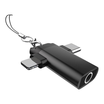 Classic Style Type-C and 8 Pin to 3.5mm Audio Adapter with Lanyard(Black) - Earphone Adapter by buy2fix | Online Shopping UK | buy2fix