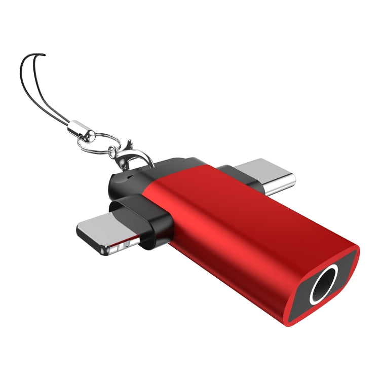Classic Style Type-C and 8 Pin to 3.5mm Audio Adapter with Lanyard(Red) - Earphone Adapter by buy2fix | Online Shopping UK | buy2fix