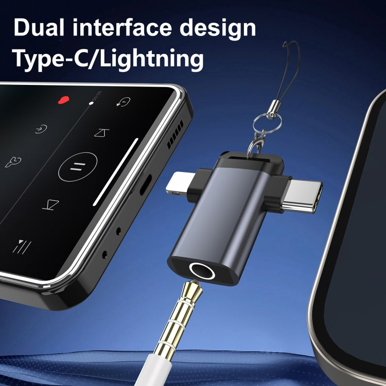 Classic Style Type-C and 8 Pin to 3.5mm Audio Adapter with Lanyard(Grey) - Earphone Adapter by buy2fix | Online Shopping UK | buy2fix