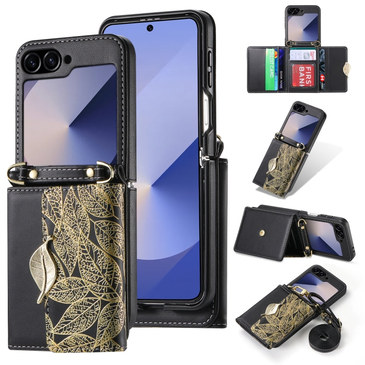 For Samsung Galaxy Z Flip6 / Flip7 FE POLA Multi-Card Slots Leaf Pattern Phone Case(Black) - Galaxy Z Flip6 5G Cases by POLA | Online Shopping UK | buy2fix
