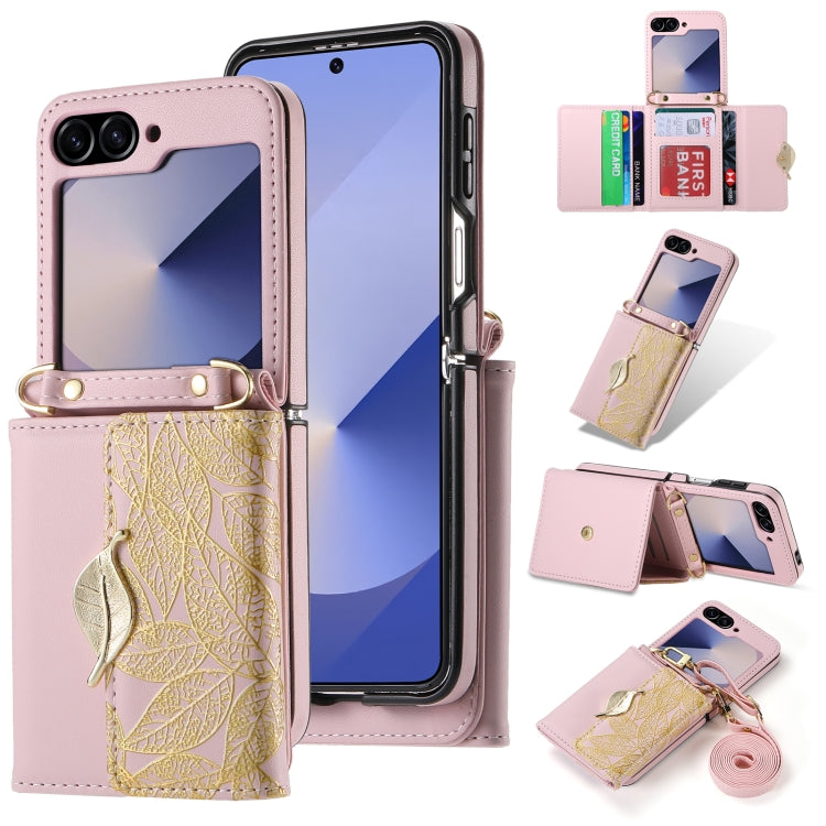For Samsung Galaxy Z Flip6 / Flip7 FE POLA Multi-Card Slots Leaf Pattern Phone Case(Pink) - Galaxy Z Flip6 5G Cases by POLA | Online Shopping UK | buy2fix