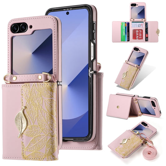 For Samsung Galaxy Z Flip6 / Flip7 FE POLA Multi-Card Slots Leaf Pattern Phone Case(Pink) - Galaxy Z Flip6 5G Cases by POLA | Online Shopping UK | buy2fix
