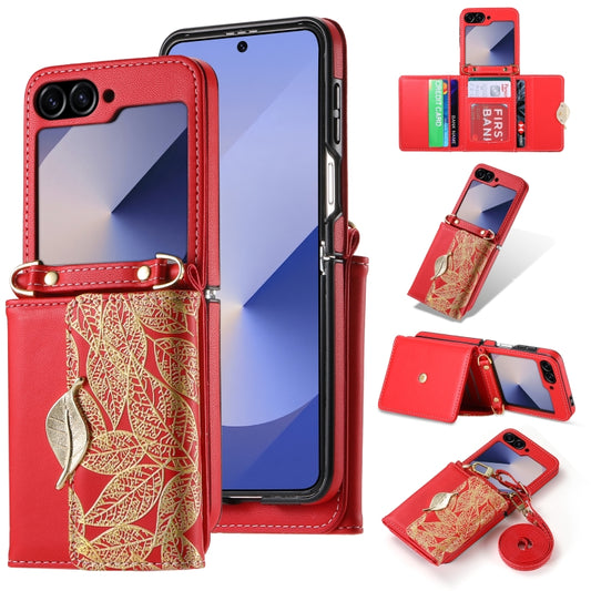 For Samsung Galaxy Z Flip6 / Flip7 FE POLA Multi-Card Slots Leaf Pattern Phone Case(Red) - Galaxy Z Flip6 5G Cases by POLA | Online Shopping UK | buy2fix