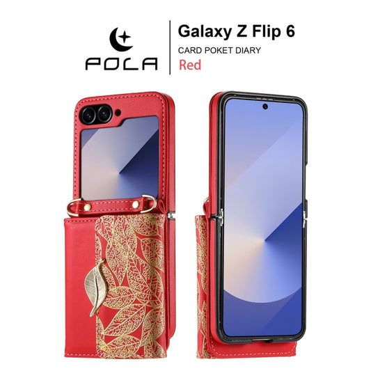 For Samsung Galaxy Z Flip6 / Flip7 FE POLA Multi-Card Slots Leaf Pattern Phone Case(Red) - Galaxy Z Flip6 5G Cases by POLA | Online Shopping UK | buy2fix