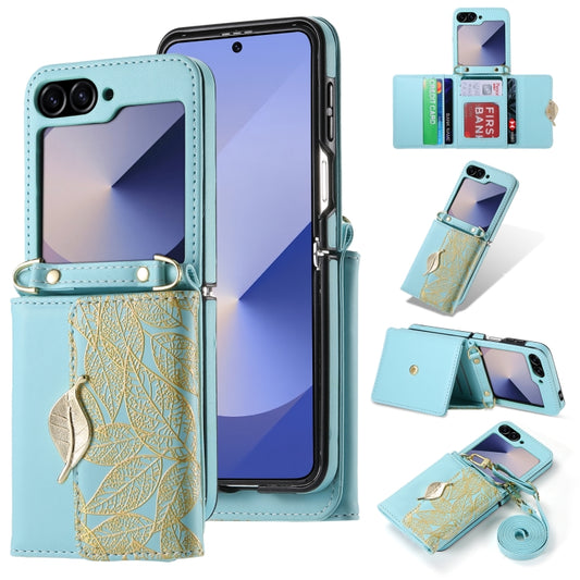 For Samsung Galaxy Z Flip6 / Flip7 FE POLA Multi-Card Slots Leaf Pattern Phone Case(Blue) - Galaxy Z Flip6 5G Cases by POLA | Online Shopping UK | buy2fix