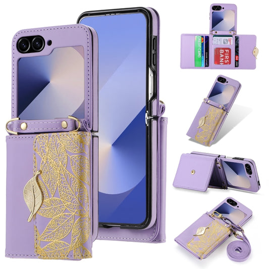 For Samsung Galaxy Z Flip6 / Flip7 FE POLA Multi-Card Slots Leaf Pattern Phone Case(Purple) - Galaxy Z Flip6 5G Cases by POLA | Online Shopping UK | buy2fix