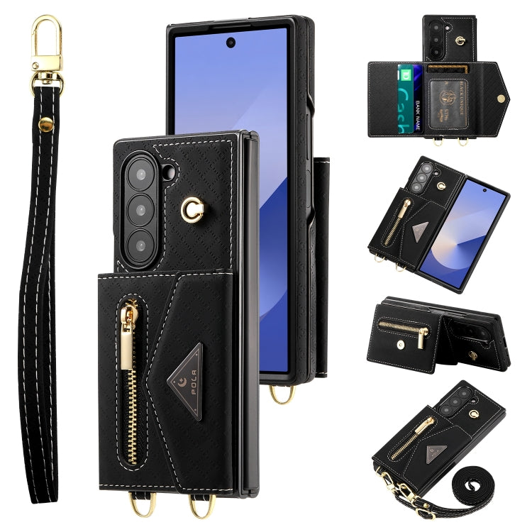 For Samsung Galaxy Z Fold6 POLA Grid Texture Multi-Card Slots Zipper Wallet Phone Case(Black) - Galaxy Z Fold6 5G Cases by POLA | Online Shopping UK | buy2fix