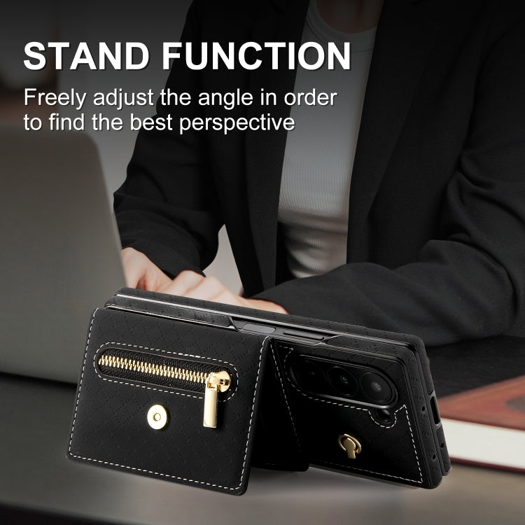 For Samsung Galaxy Z Fold6 POLA Grid Texture Multi-Card Slots Zipper Wallet Phone Case(Black) - Galaxy Z Fold6 5G Cases by POLA | Online Shopping UK | buy2fix