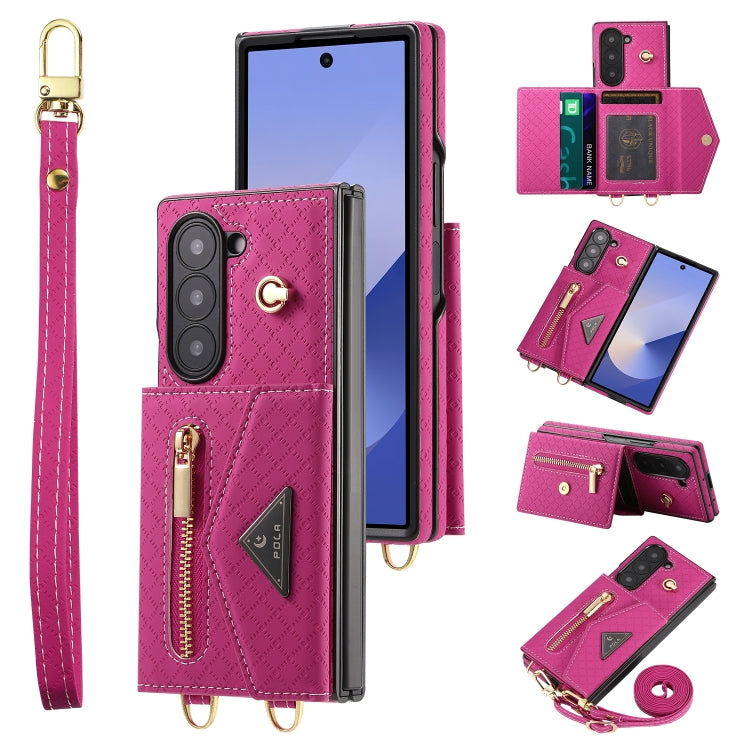 For Samsung Galaxy Z Fold6 POLA Grid Texture Multi-Card Slots Zipper Wallet Phone Case(Rose Red) - Galaxy Z Fold6 5G Cases by POLA | Online Shopping UK | buy2fix