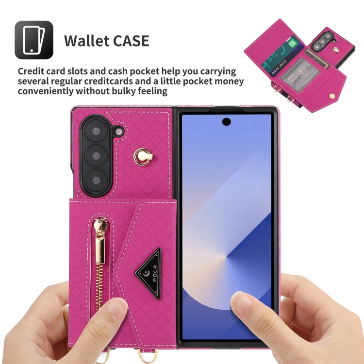 For Samsung Galaxy Z Fold6 POLA Grid Texture Multi-Card Slots Zipper Wallet Phone Case(Rose Red) - Galaxy Z Fold6 5G Cases by POLA | Online Shopping UK | buy2fix