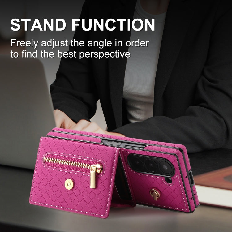 For Samsung Galaxy Z Fold6 POLA Grid Texture Multi-Card Slots Zipper Wallet Phone Case(Rose Red) - Galaxy Z Fold6 5G Cases by POLA | Online Shopping UK | buy2fix