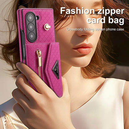 For Samsung Galaxy Z Fold6 POLA Grid Texture Multi-Card Slots Zipper Wallet Phone Case(Rose Red) - Galaxy Z Fold6 5G Cases by POLA | Online Shopping UK | buy2fix