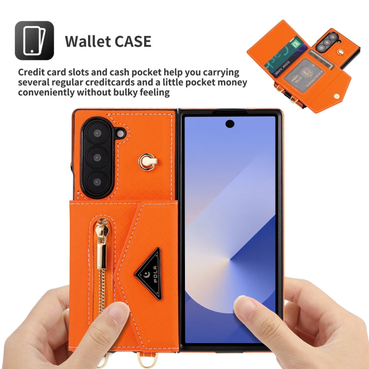 For Samsung Galaxy Z Fold6 POLA Grid Texture Multi-Card Slots Zipper Wallet Phone Case(Orange) - Galaxy Z Fold6 5G Cases by POLA | Online Shopping UK | buy2fix