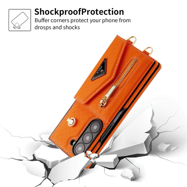 For Samsung Galaxy Z Fold6 POLA Grid Texture Multi-Card Slots Zipper Wallet Phone Case(Orange) - Galaxy Z Fold6 5G Cases by POLA | Online Shopping UK | buy2fix