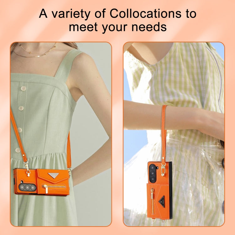 For Samsung Galaxy Z Fold6 POLA Grid Texture Multi-Card Slots Zipper Wallet Phone Case(Orange) - Galaxy Z Fold6 5G Cases by POLA | Online Shopping UK | buy2fix