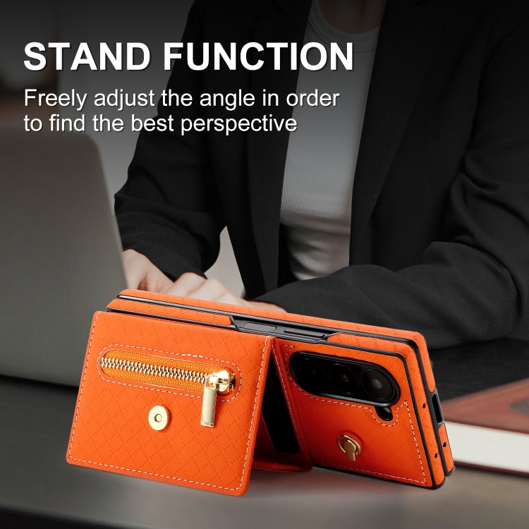 For Samsung Galaxy Z Fold6 POLA Grid Texture Multi-Card Slots Zipper Wallet Phone Case(Orange) - Galaxy Z Fold6 5G Cases by POLA | Online Shopping UK | buy2fix