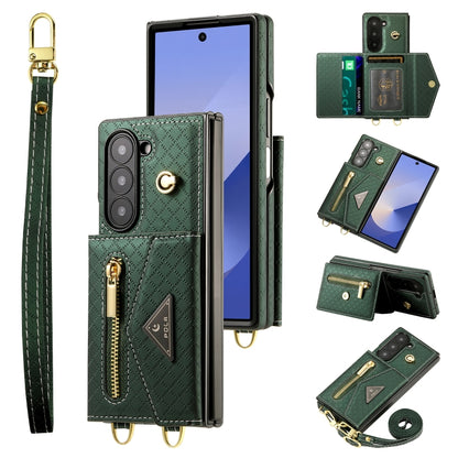 For Samsung Galaxy Z Fold6 POLA Grid Texture Multi-Card Slots Zipper Wallet Phone Case(Green) - Galaxy Z Fold6 5G Cases by POLA | Online Shopping UK | buy2fix