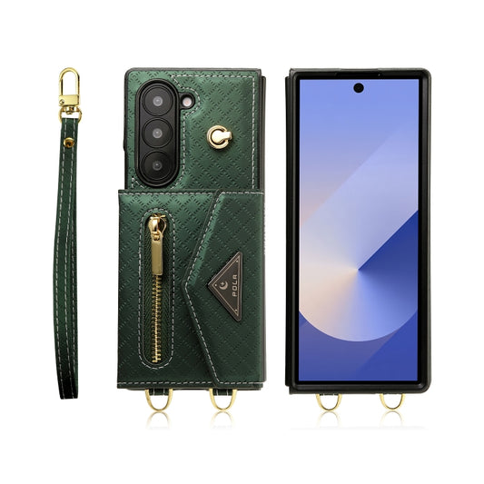For Samsung Galaxy Z Fold6 POLA Grid Texture Multi-Card Slots Zipper Wallet Phone Case(Green) - Galaxy Z Fold6 5G Cases by POLA | Online Shopping UK | buy2fix