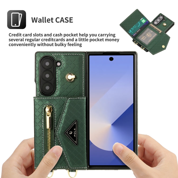 For Samsung Galaxy Z Fold6 POLA Grid Texture Multi-Card Slots Zipper Wallet Phone Case(Green) - Galaxy Z Fold6 5G Cases by POLA | Online Shopping UK | buy2fix