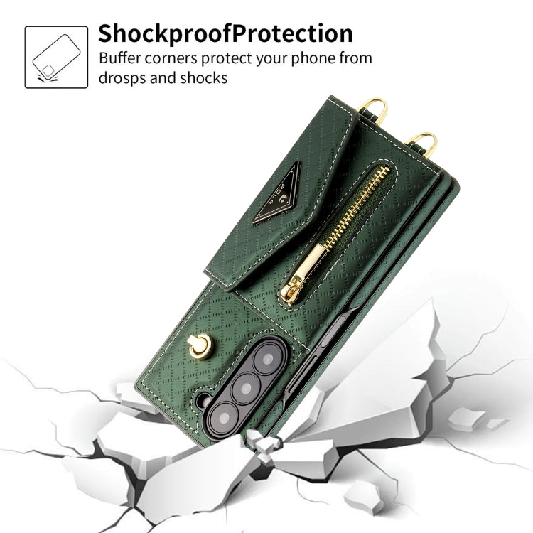 For Samsung Galaxy Z Fold6 POLA Grid Texture Multi-Card Slots Zipper Wallet Phone Case(Green) - Galaxy Z Fold6 5G Cases by POLA | Online Shopping UK | buy2fix
