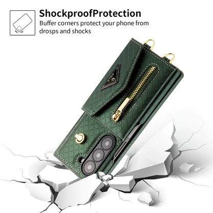 For Samsung Galaxy Z Fold6 POLA Grid Texture Multi-Card Slots Zipper Wallet Phone Case(Green) - Galaxy Z Fold6 5G Cases by POLA | Online Shopping UK | buy2fix