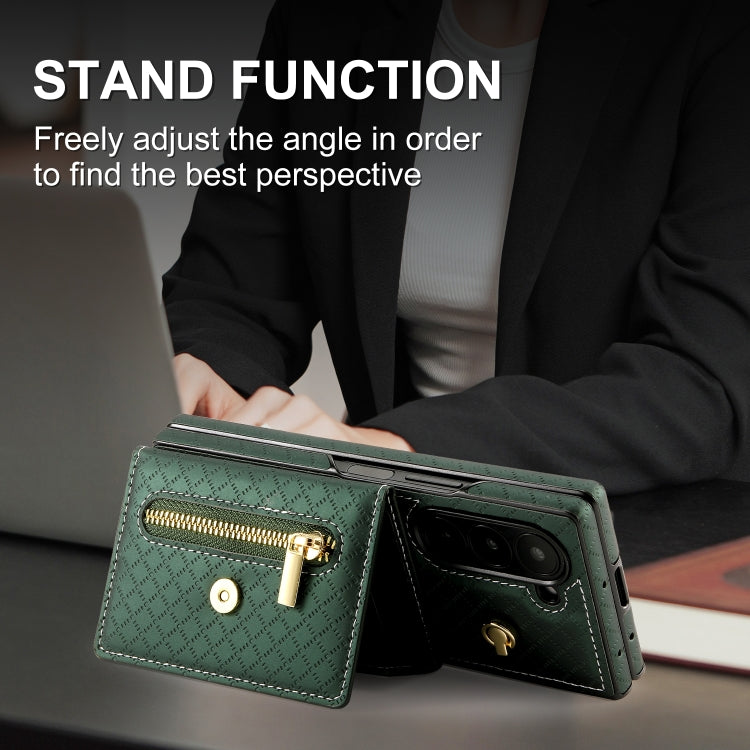 For Samsung Galaxy Z Fold6 POLA Grid Texture Multi-Card Slots Zipper Wallet Phone Case(Green) - Galaxy Z Fold6 5G Cases by POLA | Online Shopping UK | buy2fix