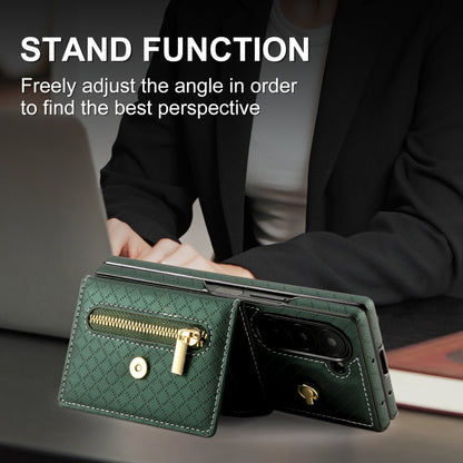 For Samsung Galaxy Z Fold6 POLA Grid Texture Multi-Card Slots Zipper Wallet Phone Case(Green) - Galaxy Z Fold6 5G Cases by POLA | Online Shopping UK | buy2fix