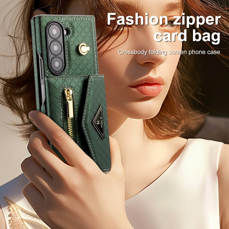 For Samsung Galaxy Z Fold6 POLA Grid Texture Multi-Card Slots Zipper Wallet Phone Case(Green) - Galaxy Z Fold6 5G Cases by POLA | Online Shopping UK | buy2fix