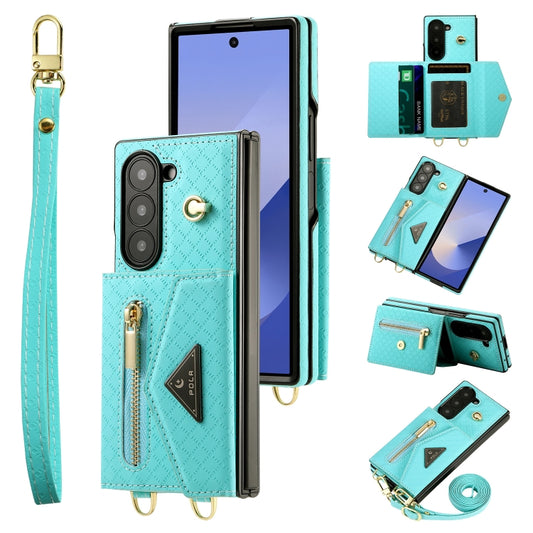 For Samsung Galaxy Z Fold6 POLA Grid Texture Multi-Card Slots Zipper Wallet Phone Case(Blue) - Galaxy Z Fold6 5G Cases by POLA | Online Shopping UK | buy2fix