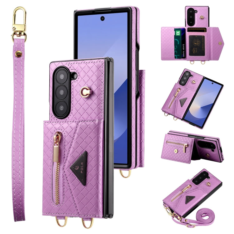 For Samsung Galaxy Z Fold6 POLA Grid Texture Multi-Card Slots Zipper Wallet Phone Case(Purple) - Galaxy Z Fold6 5G Cases by POLA | Online Shopping UK | buy2fix