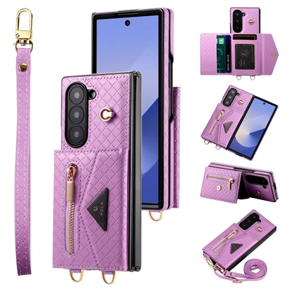 For Samsung Galaxy Z Fold6 POLA Grid Texture Multi-Card Slots Zipper Wallet Phone Case(Purple) - Galaxy Z Fold6 5G Cases by POLA | Online Shopping UK | buy2fix