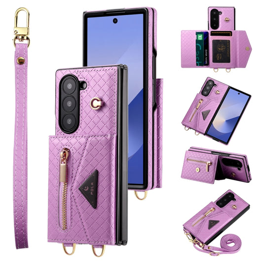 For Samsung Galaxy Z Fold6 POLA Grid Texture Multi-Card Slots Zipper Wallet Phone Case(Purple) - Galaxy Z Fold6 5G Cases by POLA | Online Shopping UK | buy2fix