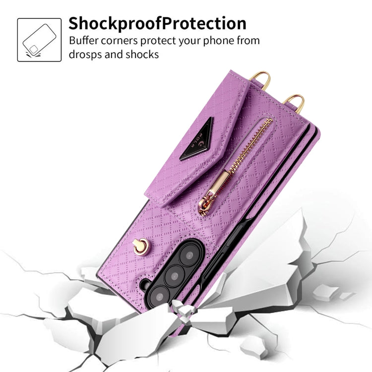 For Samsung Galaxy Z Fold6 POLA Grid Texture Multi-Card Slots Zipper Wallet Phone Case(Purple) - Galaxy Z Fold6 5G Cases by POLA | Online Shopping UK | buy2fix