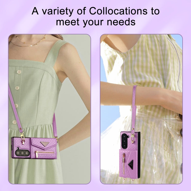 For Samsung Galaxy Z Fold6 POLA Grid Texture Multi-Card Slots Zipper Wallet Phone Case(Purple) - Galaxy Z Fold6 5G Cases by POLA | Online Shopping UK | buy2fix