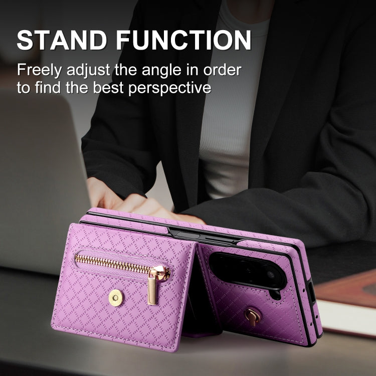 For Samsung Galaxy Z Fold6 POLA Grid Texture Multi-Card Slots Zipper Wallet Phone Case(Purple) - Galaxy Z Fold6 5G Cases by POLA | Online Shopping UK | buy2fix