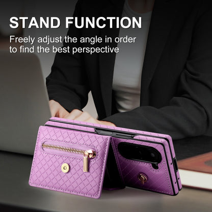 For Samsung Galaxy Z Fold6 POLA Grid Texture Multi-Card Slots Zipper Wallet Phone Case(Purple) - Galaxy Z Fold6 5G Cases by POLA | Online Shopping UK | buy2fix