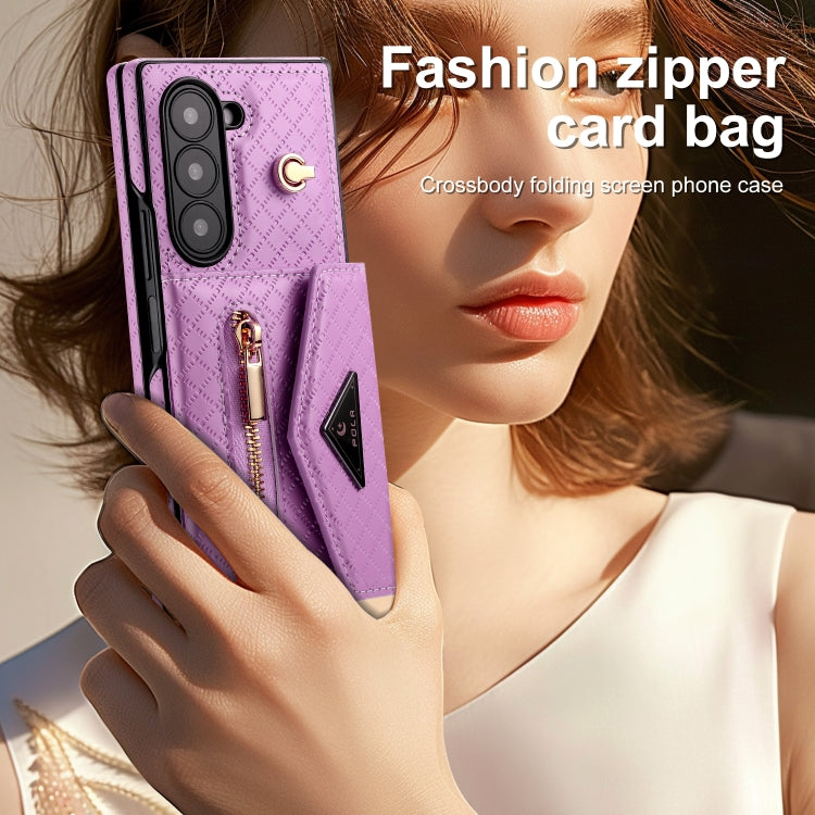 For Samsung Galaxy Z Fold6 POLA Grid Texture Multi-Card Slots Zipper Wallet Phone Case(Purple) - Galaxy Z Fold6 5G Cases by POLA | Online Shopping UK | buy2fix
