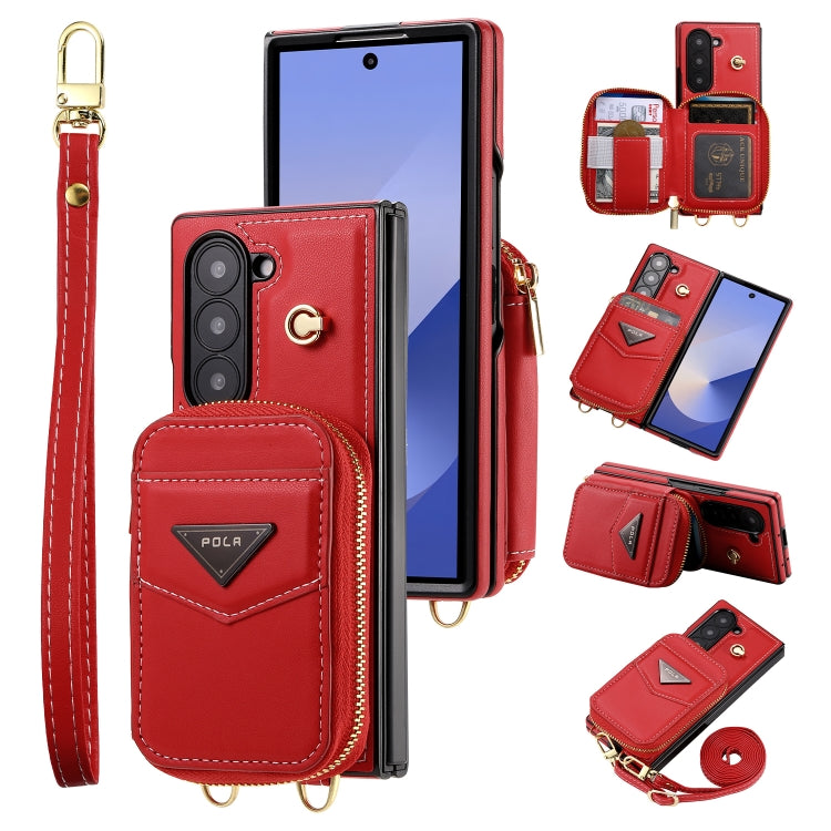 For Samsung Galaxy Z Fold6 POLA Multi-Card Slots Zipper Wallet Phone Case(Red) - Galaxy Z Fold6 5G Cases by POLA | Online Shopping UK | buy2fix