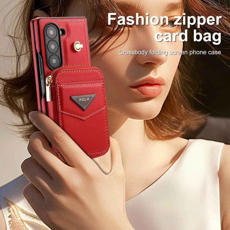 For Samsung Galaxy Z Fold6 POLA Multi-Card Slots Zipper Wallet Phone Case(Red) - Galaxy Z Fold6 5G Cases by POLA | Online Shopping UK | buy2fix