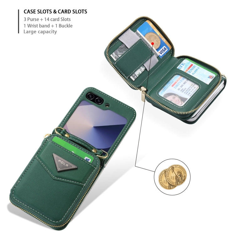 For Samsung Galaxy Z Flip6 / Flip7 FE POLA Multi-Card Slots Zipper Wallet Phone Case(Green) - Galaxy Z Flip6 5G Cases by POLA | Online Shopping UK | buy2fix
