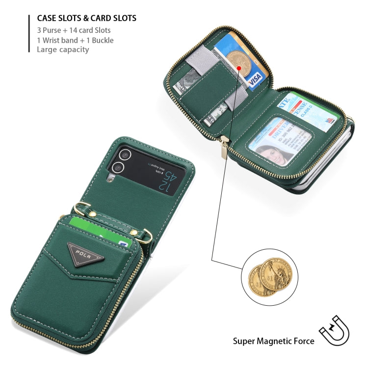 For Samsung Galaxy Z Flip3 5G POLA Multi-Card Slots Zipper Wallet Phone Case(Green) - Galaxy Phone Cases by POLA | Online Shopping UK | buy2fix