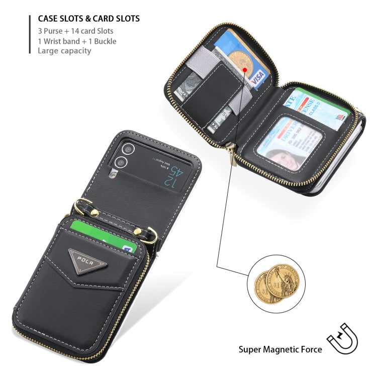 For Samsung Galaxy Z Flip3 5G POLA Multi-Card Slots Zipper Wallet Phone Case(Black) - Galaxy Phone Cases by POLA | Online Shopping UK | buy2fix